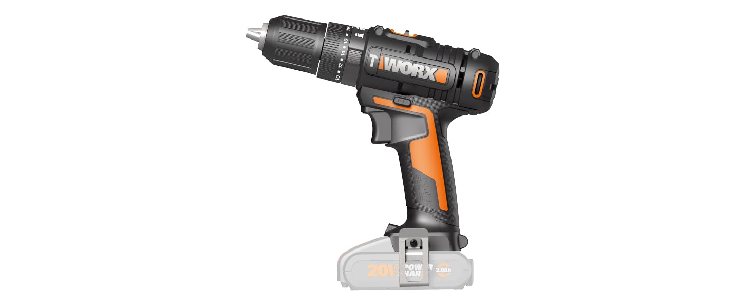 WORX NITRO WX352 акумуляторний ударний дриль-шуруповерт Set 20V - безщітковий двигун - для шурупування, свердління та ударного свердління - 60Nm - 2-швидкісна коробка передач & LED-підсвітка - в комплекті 2x20V 2Ah акумулятори & 2A швидка зарядка