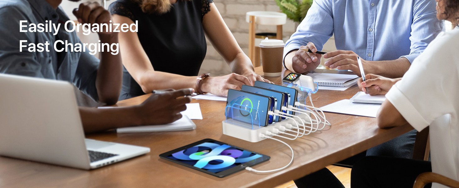 SooPii Зарядна станція USB-C 8 портів з PD 20W, кабель USB 8 шт., тримач для Apple Watch та AirPods - Біла