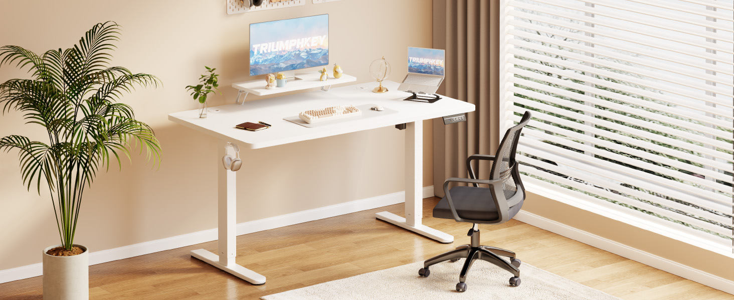 TriumphKey Adjustable Height Standing Desk with Monitor Stand - Electric Ergonomic Desk, 120x60cm White