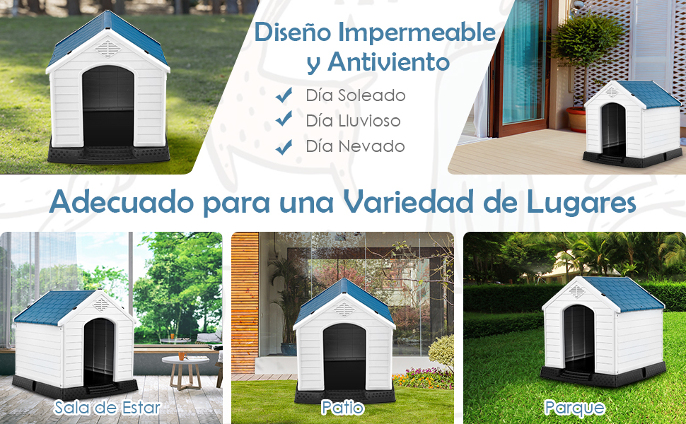 GYMAX Будка для собак на вулицю з похилим дахом та піднятим дном, пластикове собаче будиночок, вологостійка собача будка в стилі кантрі (Білий + Синій, 72,5 x 66 x 70,5 см)