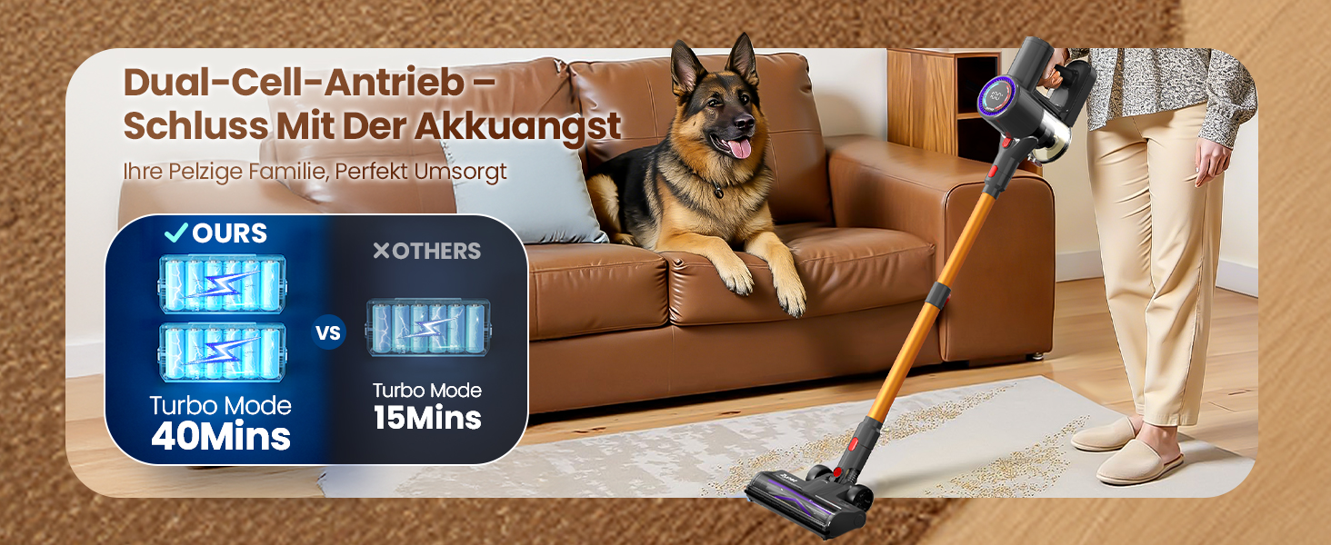 Бездротовий акумуляторний пилосос DP2 з подвійним акумулятором, 45KPa, 60 хвилин роботи, 500W, LED-дисплей, телескопічна труба, вертикальне зберігання, світло GreenEye, ідеальний для шерсті тварин/килимів/твердих підлог, золотий