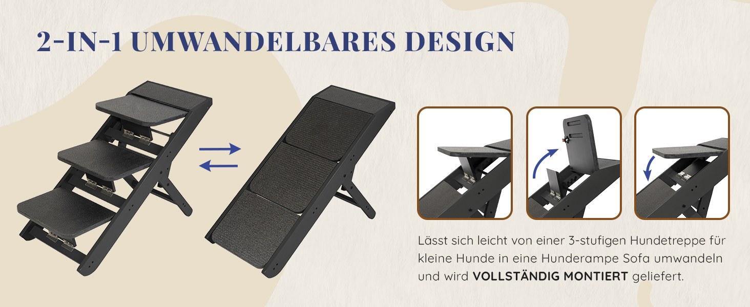 Сходинки для собак на ліжко та диван 2-в-1 - регульована рамка для собак, 18-50 см - для маленьких собак - легкі сходинки з платформою, натуральне дерево (чорний)