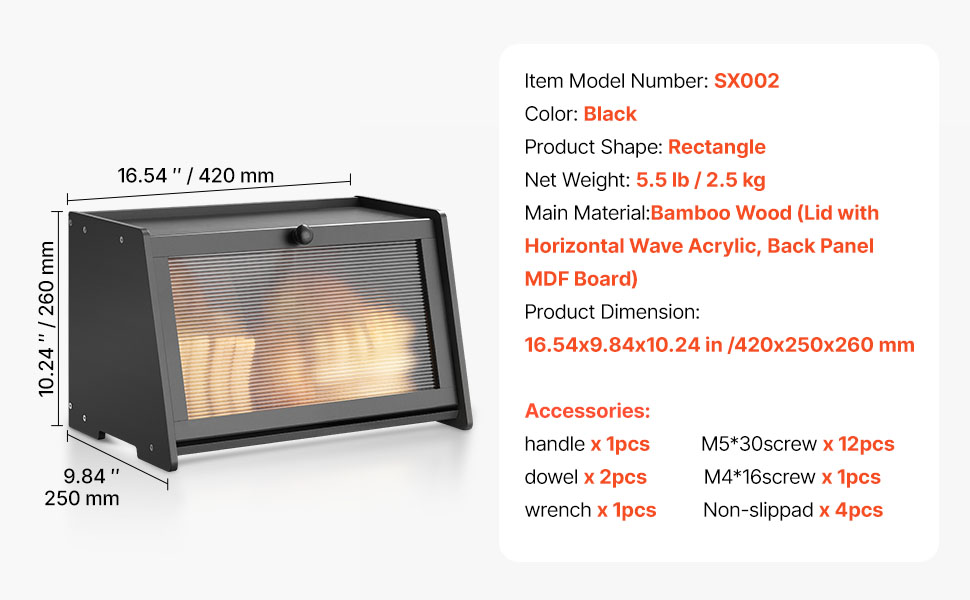 Дерев'яна коробка для хліба VEVOR: органайзер для зберігання з акриловою кришкою, чорний