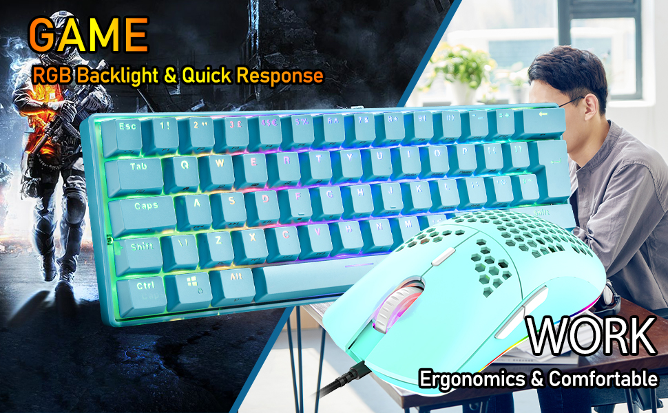 Ігровий комплект клавіатури та миші MK21: механічна клавіатура 60% з RGB підсвічуванням (62 клавіші), миша 6400 DPI та килимок для миші. Сумісний з PS4, Xbox, PC. Кольори: чорний/блакитний (Blue Switch)