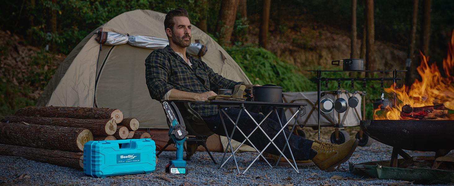 Акумуляторна міні-пила SEESII 6 дюймів з автоматичною подачею оливи та запасним ланцюгом | Акумуляторна ланцюгова пила для саду, стрижки гілок та різання деревини