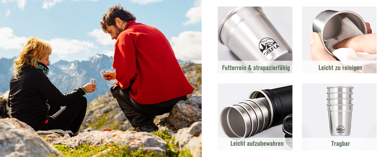 Набір сталевих чашок SELFLA – сталеві шотери з портативною пляшкою, чашки для кемпінгу та подорожей, металеві чашки для туризму, альпінізму та пригод – легкі, міцні та легко миються (чашки)