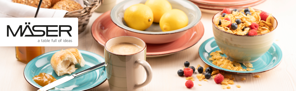 MÄSER Bel Tempo II Сервіз для сніданку на 6 осіб, вінтажний стиль, ручне розмальовування, 18 предметів, блакитний, кераміка, стоунгерд