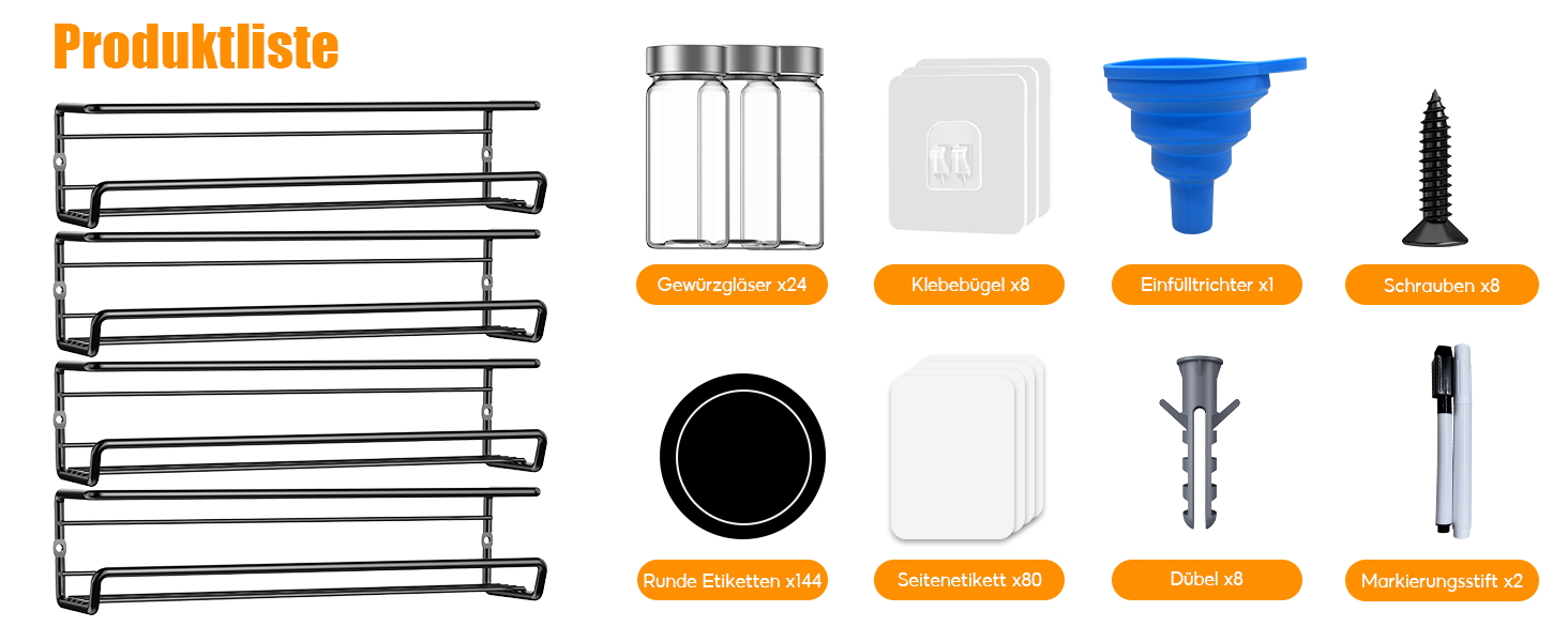 Спеція органайзер з 24 скляними баночками та етикетками, без свердління, настінний, підходить для стін та шаф, комплект з 4 шт.