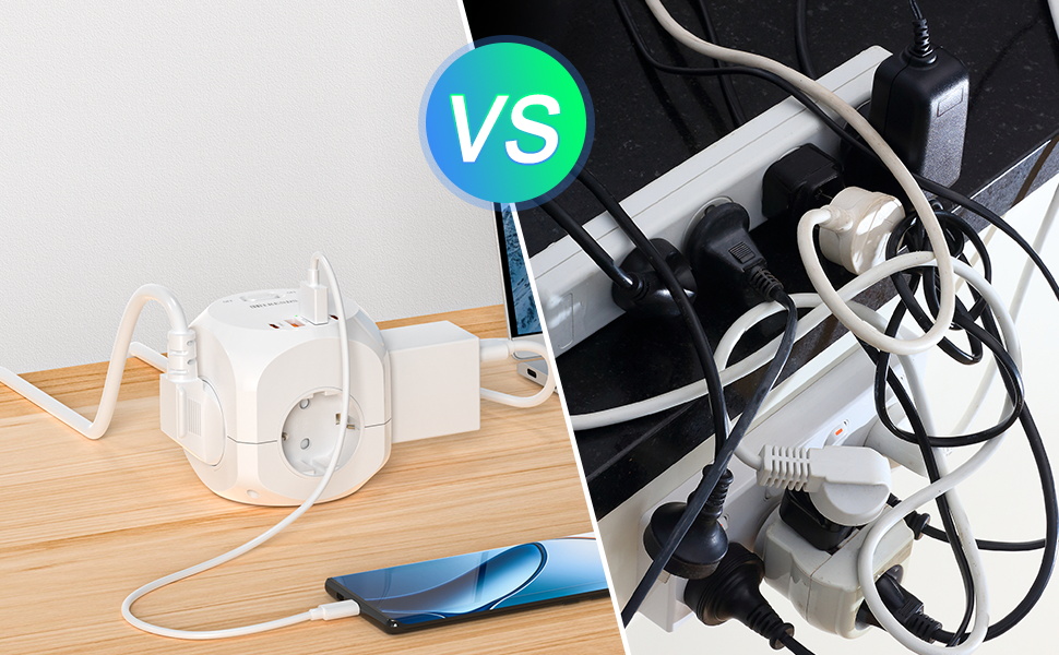 Блок розеток з USB-C, 4 розетки, плоский штекер, індивідуальне вмикання, багаторозетка-куб з 2м плетеним кабелем для офісу, дому, подорожей - білий 002-MF (4 розетки 2м)