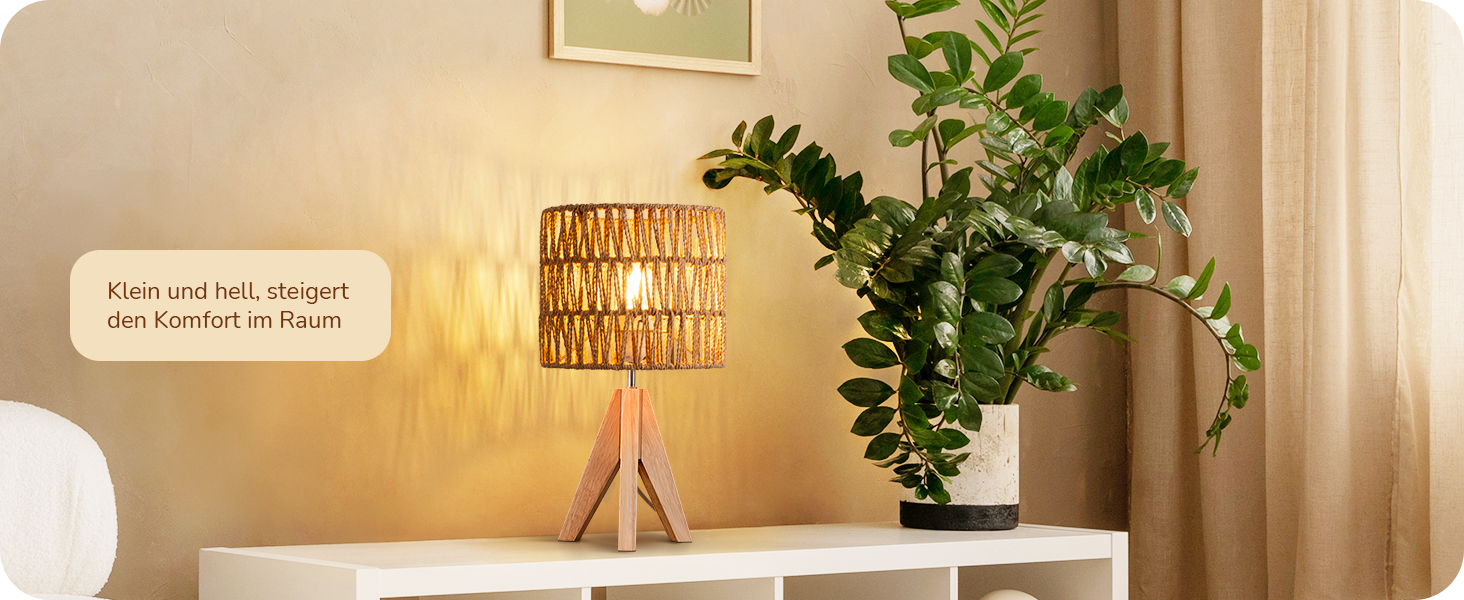 LED настільна лампа EDISHINE з абажуром з ручної роботи, дерев'яною ніжкою, тепле світло 2700K, бохо-стиль, для спальні, вітальні, готелю, з лампочкою E27 4W