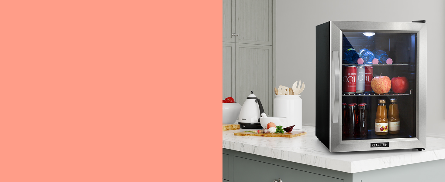 Міні-холодильник Klarstein з скляними дверцятами, 33 л, срібний, для кімнати, тихий, з регульованими полицями