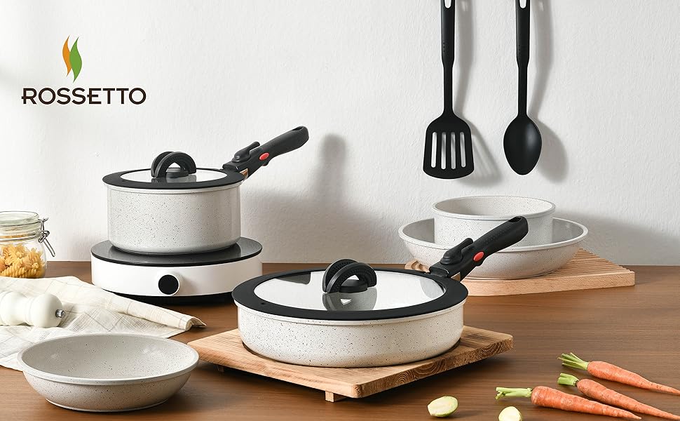 Набір посуду ROSSETTO 17 предметів: каструлі, сковороди з антипригарним покриттям, знімні ручки, PFOA & PFOS-free