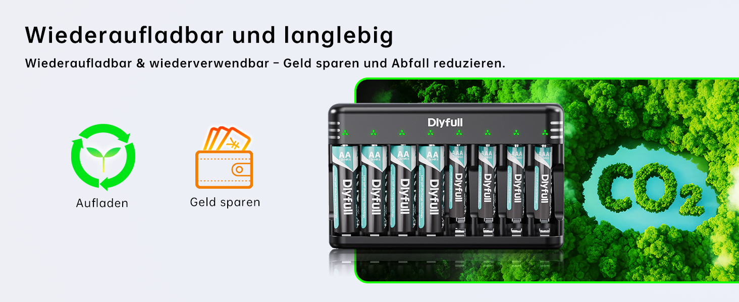 Зарядний пристрій Dlyfull для акумуляторів AAA/AA, 8-канальний зарядний пристрій з LED-дисплеєм, 5V/2A USB-C, для NI-MH/NI-CD, чорний