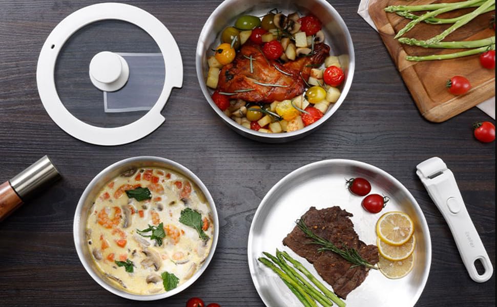 Набір посуду з нержавіючої сталі 14 предметів: сковорода 24 см, каструлі 18/20 см, знімні ручки, керамічне покриття, підходить для всіх плит, білий