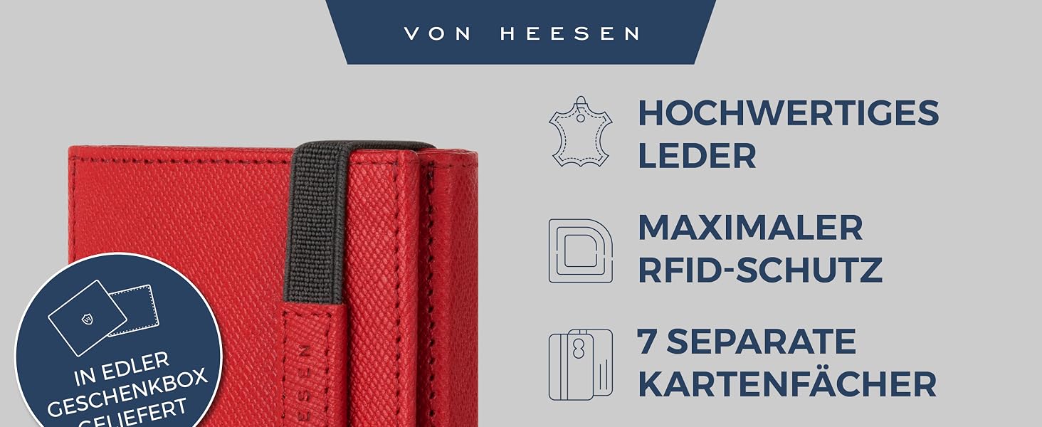 Шкіряний тонкий гаманець VON HEESEN з RFID захистом, компактний картхолдер для чоловіків та жінок, червоний (Saffiano), з міні-відсіком для монет
