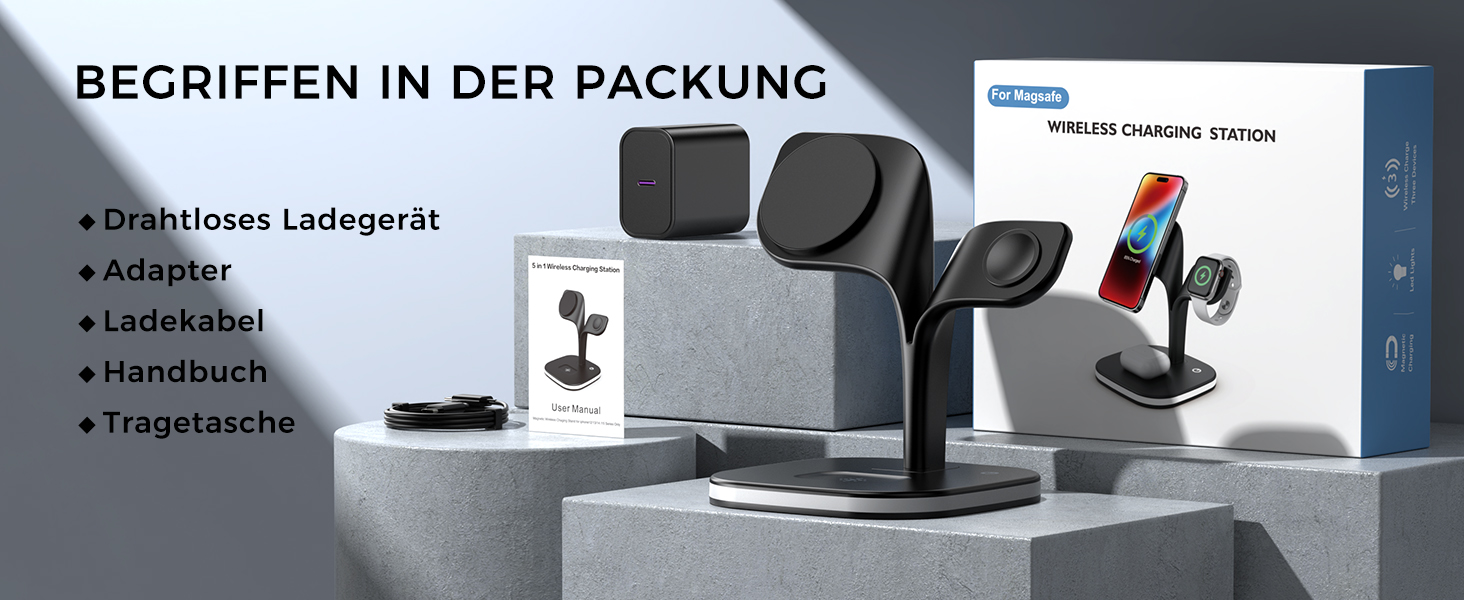 Зарядна станція 3 в 1 для Apple Watch та iPhone з MagSafe, сумісна з iPhone 17 Air 16 15 14 13 12, Apple Watch 11 10 9 8 7 6 5 4 3 2 SE Ultra, AirPods Pro/4/3/2, білий (чорний)