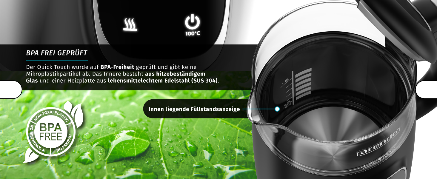 Електричний чайник Arendo зі скляною колбою, регулюванням температури, нержавіючою сталлю, подвійними стінками (Cool Touch), дисплеєм, бездротовим підключенням, 2200 Вт, 1,7 л, захистом від перегріву, функцією підтримання тепла, чорний