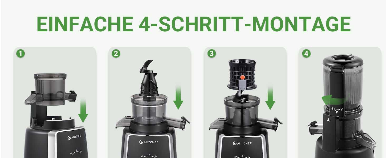 AMZCHEF Електричний соковитискач Slow Juicer 103 мм - потужність 250W, для овочів та фруктів, з 2 фільтрами, тихий двигун, функція реверсу, чорний
