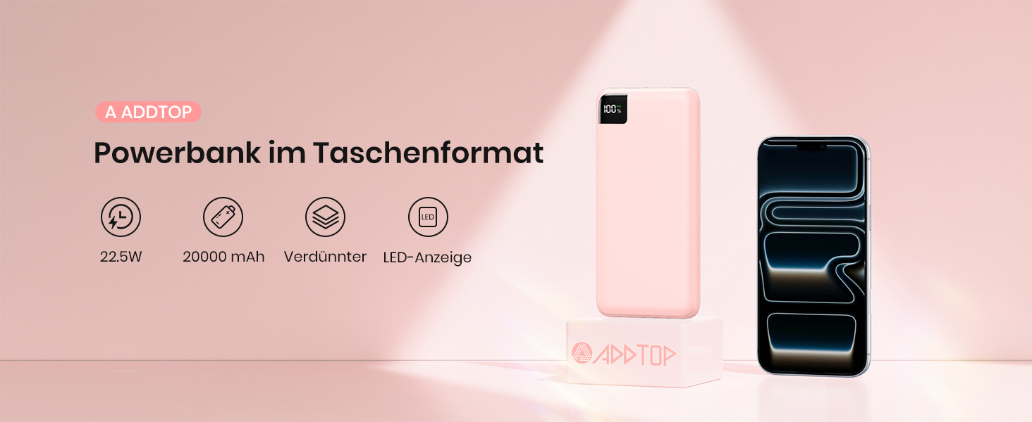 Power Bank A ADDTOP 20000mAh 22.5W Рожевий - Зовнішній акумулятор з USB-C та 4 портами для швидкої зарядки телефону