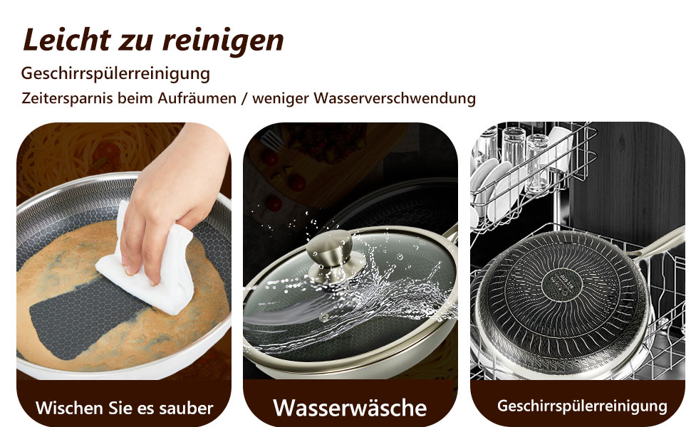 Сковорода з антипригарним покриттям 24 см з кришкою, нержавіюча сталь, безпечна для здоров'я, сумісна з усіма плитами, посуд без PFOA, срібна