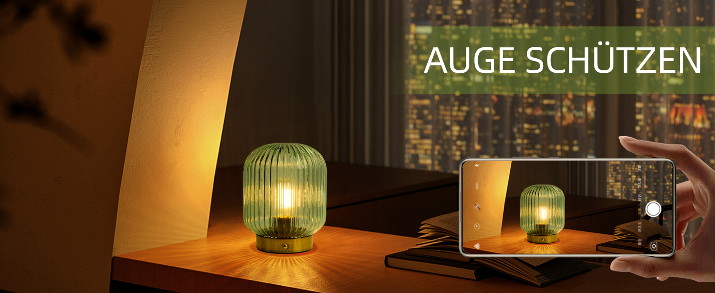 LED настільна лампа MJ PREMIER: акумуляторна, з сенсорним керуванням, регулювання яскравості, скло, USB зарядка, аварійна, зелена