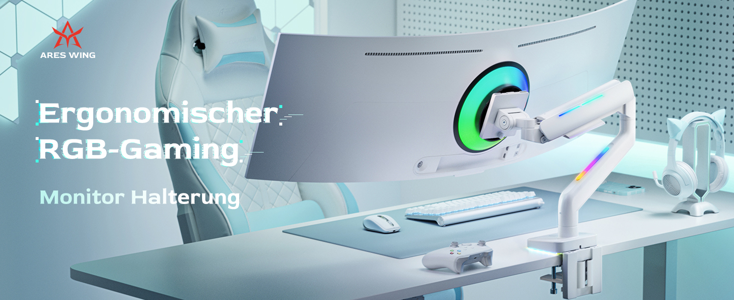 Кріплення для монітора ARES WING RGB - тримач для ігрового монітора, 17-49 дюймів, підходить для важких (20 кг) та вигнутих моніторів, регульована висота, для геймерів (білий)