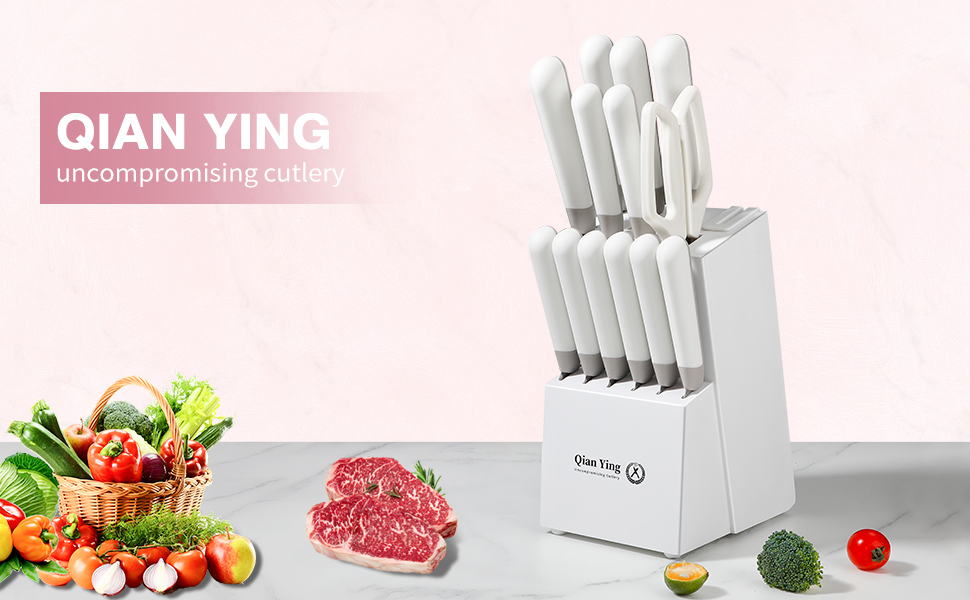 Набір кухонних ножів Qianying з блоком: 14 предметів, нержавіюча сталь, з точилкою, срібний колір, подарунок для мами