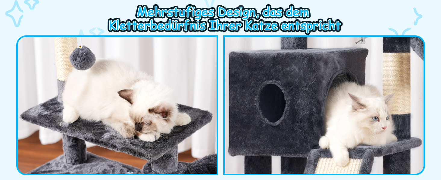 Котячий будиночок Hey-brother Kratzbaum 108 см, багатоярусний котячий комплекс з когтеточками, рампою, кошиком, будиночком та іграшкою-помпоном (димно-сірий), MPJ007SW