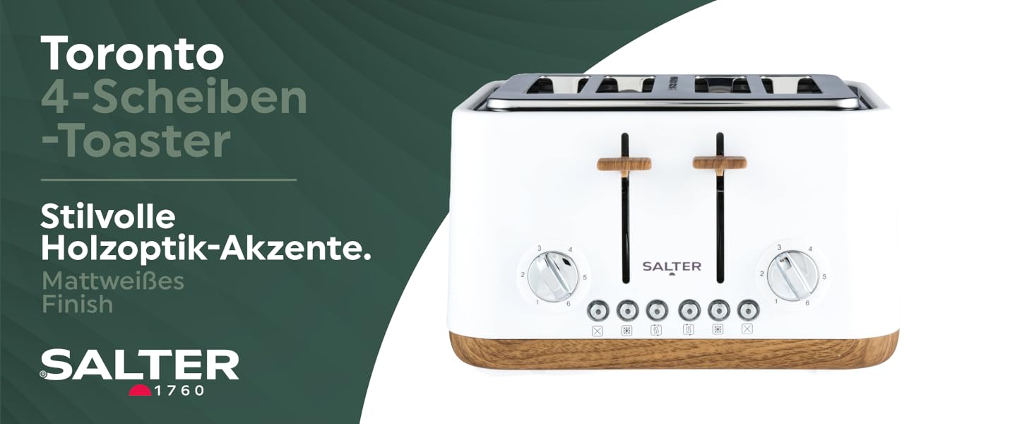 Тостер Salter Toronto 1.7L з функцією скороварки, 360° обертання, фільтром від накипу, дерев'яним дизайном, бездротове підключення, захистом від перегріву, автоматичним вимкненням та контролером Otter (білий)