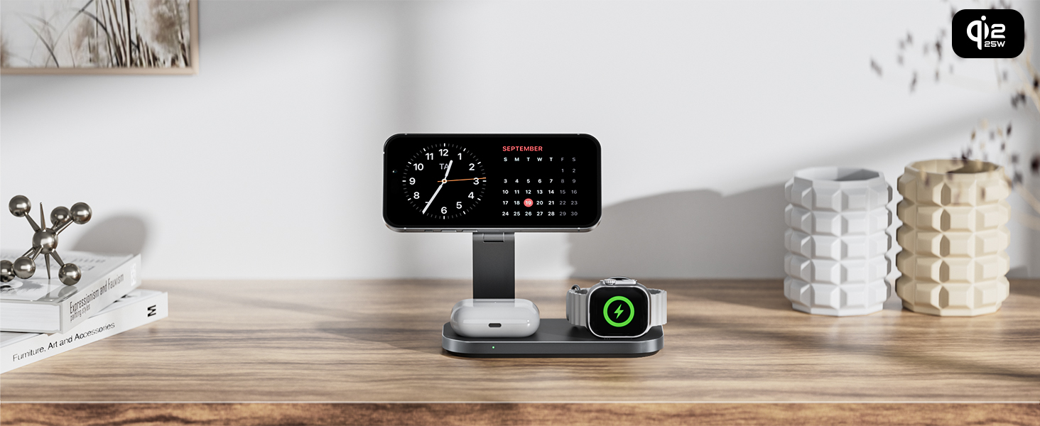 Бездротова зарядка 25W 3-в-1 з MagSafe, складана індуктивна магнітна зарядна станція для iPhone 17/Air/16/15/14/13/12, Apple Watch 10/9/8/7/6/SE/5/4/3 та AirPods Pro (з адаптером 35W), чорна