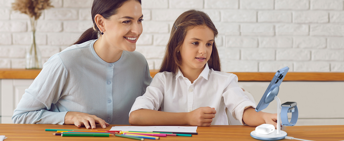 База для бездротової зарядки 3-в-1: iPhone, iWatch, AirPods, 15W, MagSafe, фіолетовий (світло-блакитний)