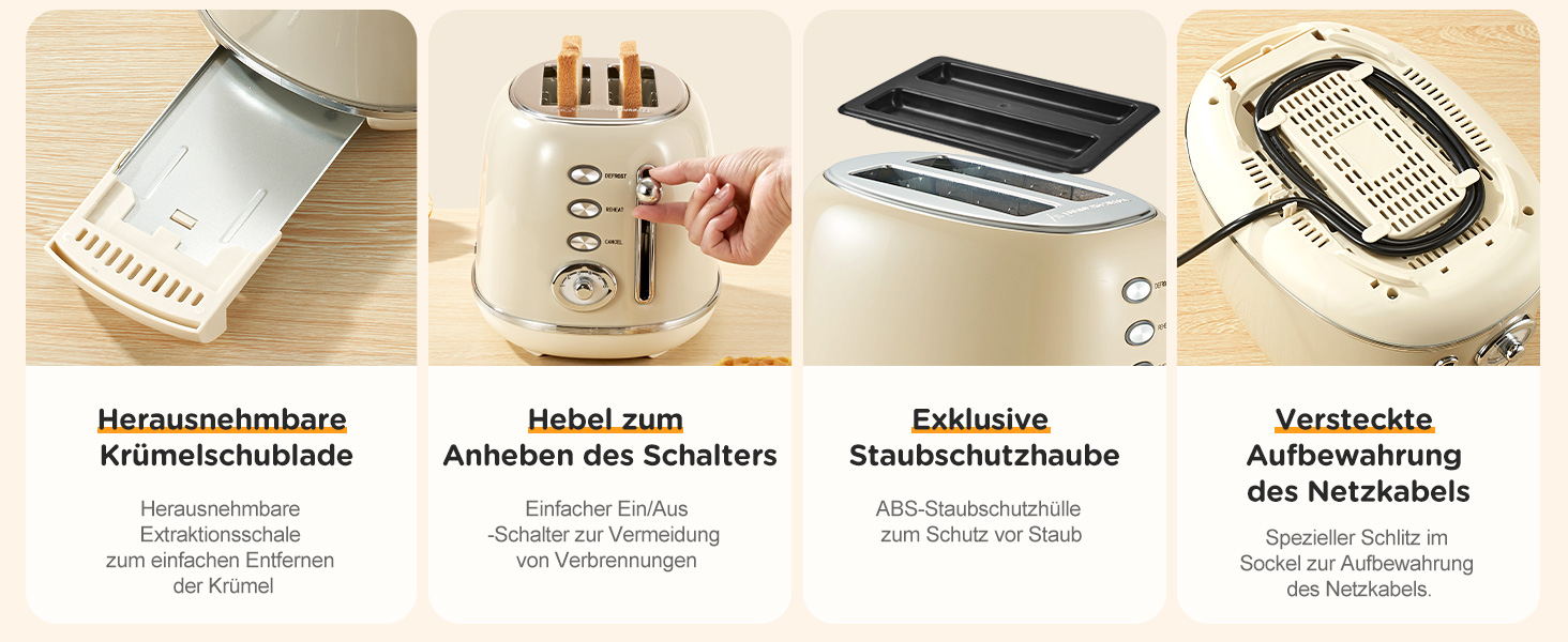 Ретро тостер на 2 тости з нержавіючої сталі – з підставою для булочок, 6 рівнів підсмажування, функція підігріву та розморожування, автовимкнення, кремовий колір, ідеальний для сендвічів та тостів – TS-R008