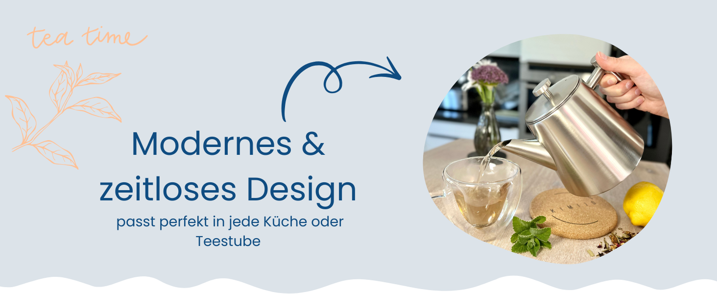 Заварник для чаю Teekanne з ситечком, 1 л, нержавіюча сталь, з функцією підігріву та пробковим підстаканником, двостінний чайник для листового чаю та трав'яних настоїв