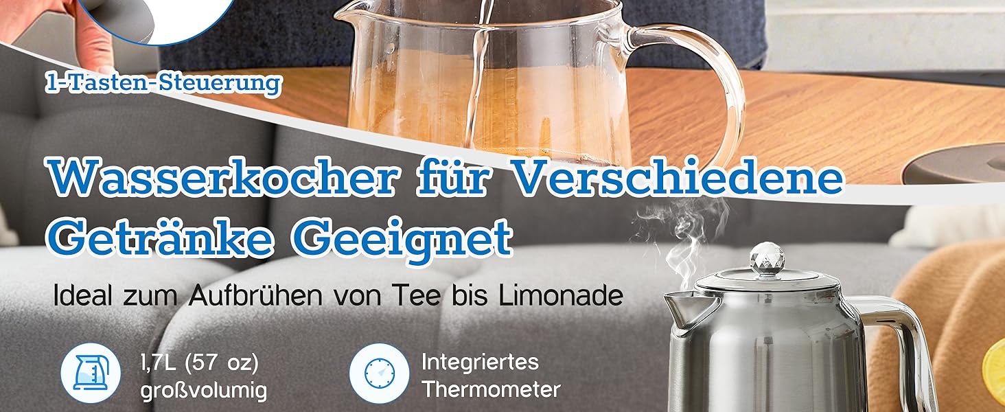 Електричний чайник з нержавіючої сталі з термоіндикатором, 1.7 л, Vintage, з автовимкненням та захистом від сухого кипіння – ідеальний для чаю та кави в сім'ї (Chrome)