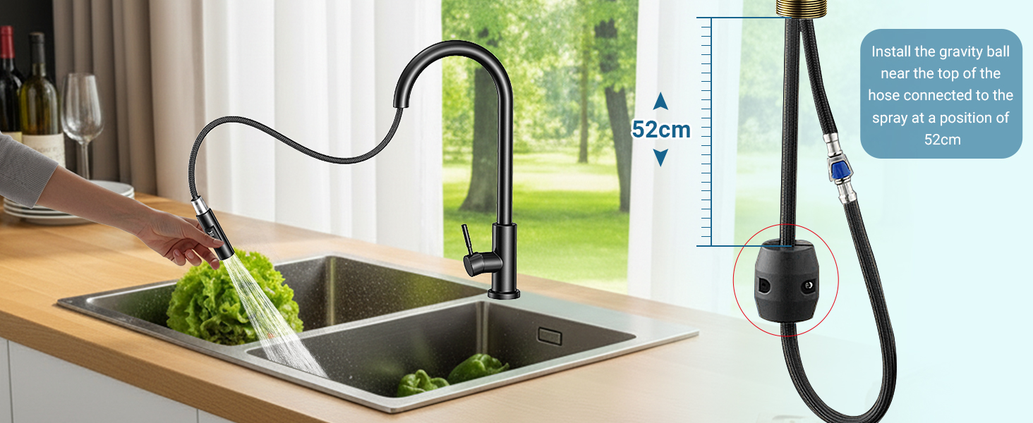 Чорний кухонний змішувач з висувною лійкою, 360° поворот, нержавіюча сталь, гаряча/холодна вода, G3/8'', 2 режими струменя