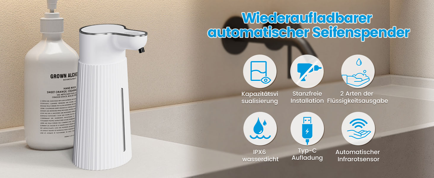 Електричний дозатор мила 400 мл з сенсором, автоматичний, настінний, 2 режими, USB, IPX6, білий