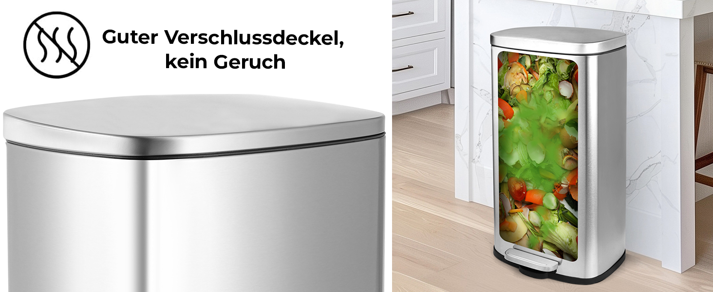 Відро для сміття LIFERUN 30л з кришкою, з м'яким закриттям, сталеве, з внутрішнім відром, для кухні, ванної кімнати, офісу