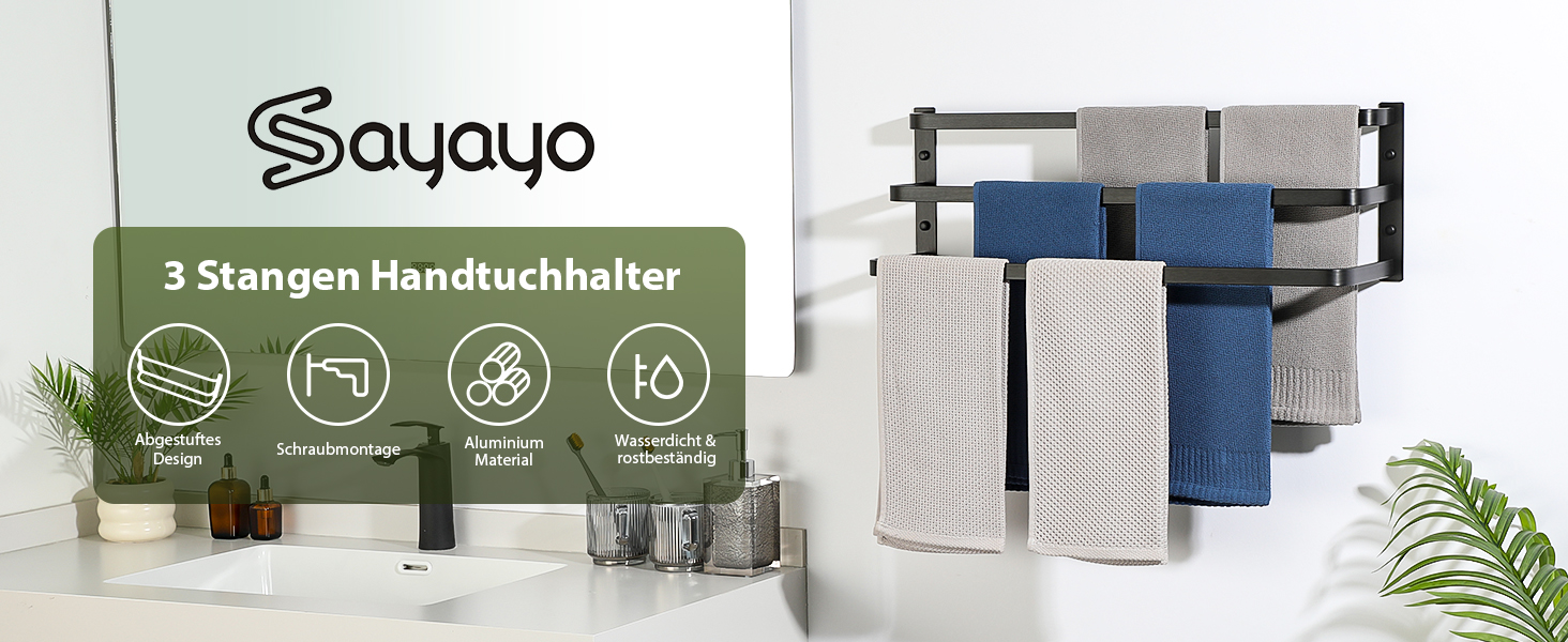 Тримач для рушників SAYAYO, чорний, 64 см, 3 стійки, для ванної кімнати та кухні