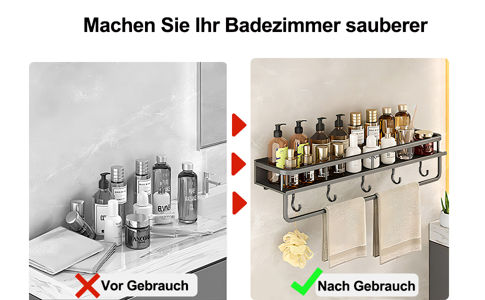 Поличка для душу Devesanter без свердління, 2 шт. - органайзер для ванної кімнати з тримачем для рушників та 6 гачками (60 см, сірий)