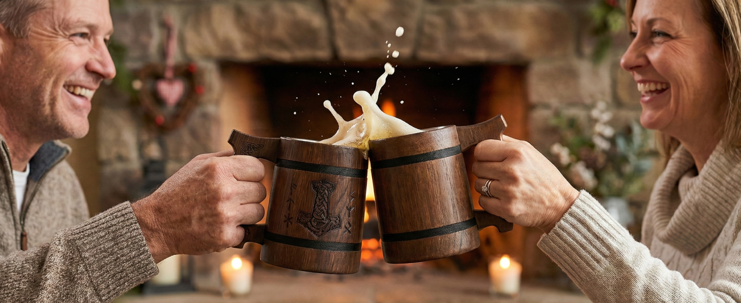 Дерев'яний кубок Wikinger 0.6 л з дуба, коричневий - середньовічний кубок для пива, кружка, глечик з гравіюванням молота Тора, рунами. Ідеальний подарунок для любителів пива, дерев'яний кубок, Валентин, подарунок для чоловіків, ретро, коричневий