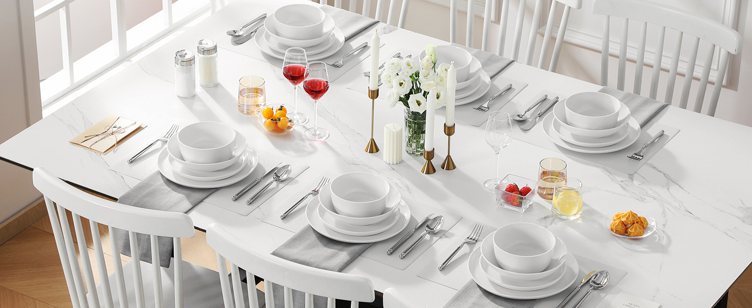 MALACASA Набір посуду 48 предметів, порцеляновий набір тарілок та мисок, сервіз на 12 осіб, білі їдальні тарілки та миски, круглий набір посуду, придатний для миття в посудомийній машині та мікрохвильовій печі, серія LEXI 48 предметів білий