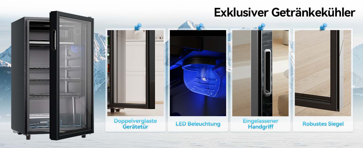 Холодильник для напоїв TriumphKEY, 85 літрів з LED-підсвіткою, скляна дверцята, 3 полиці та відділення для пляшок (сода, пиво, вино)