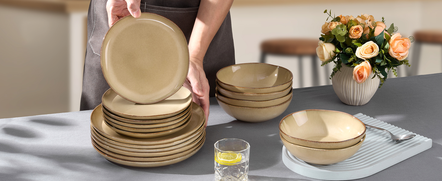 Набір посуду Joyfair на 6 осіб, 18 предметів, з каменю, тарілки, миски, для мікрохвильовки та посудомийної машини, реактивний пісковий хакі