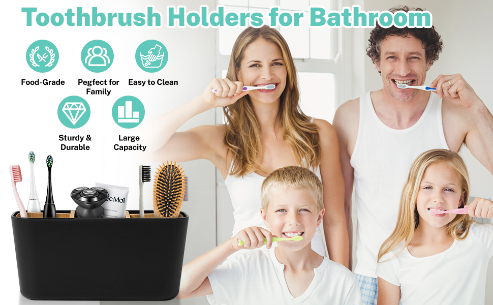 Підставка для зубних щіток з бамбуковими перегородками, органайзер для зубних щіток на 4 відділення + місце для пасти, чорний