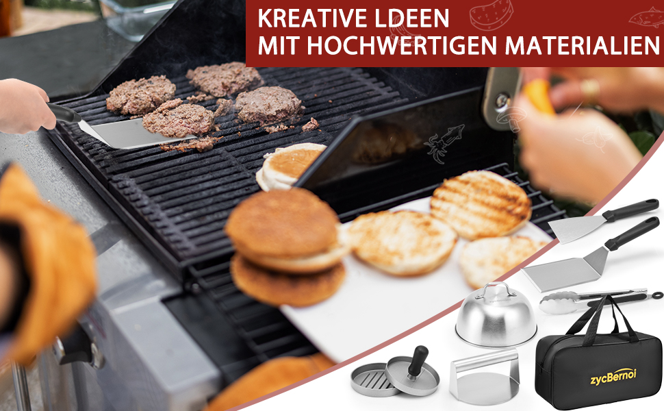 Набір для приготування Smash Burger: прес, дзвоники, лопатка, щипці та сумка для зберігання (8 предметів)