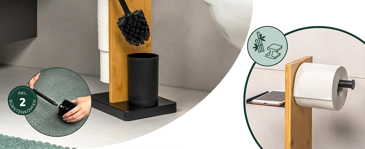 Набір для туалету Eluno Stand-WC 4в1: щітка, тримач туалетного паперу, полиця, бамбук/метал (чорний)