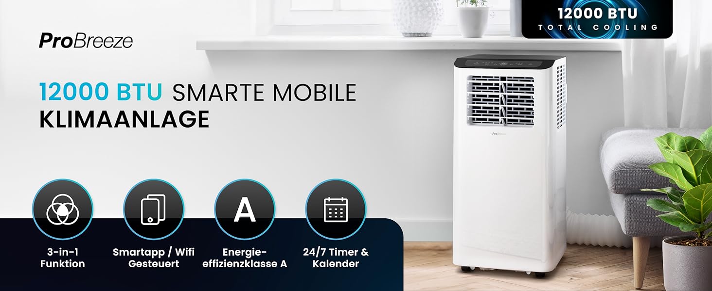 Мобільний кондиціонер Pro Breeze™ 4-в-1: охолоджувач, вентилятор, осушувач повітря, нічний режим, клас енергоефективності A, комплект ущільнювача для вікна, пульт дистанційного керування та таймер 24 години, білий (12000 BTU, Smart App)