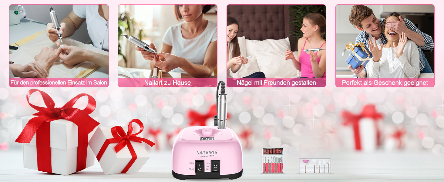 Електричний фрезер для нігтів Nailgirls 11 в 1 з педаллю, 35000 об/хв, для гель-лаку, манікюру та педикюру (Рожевий)