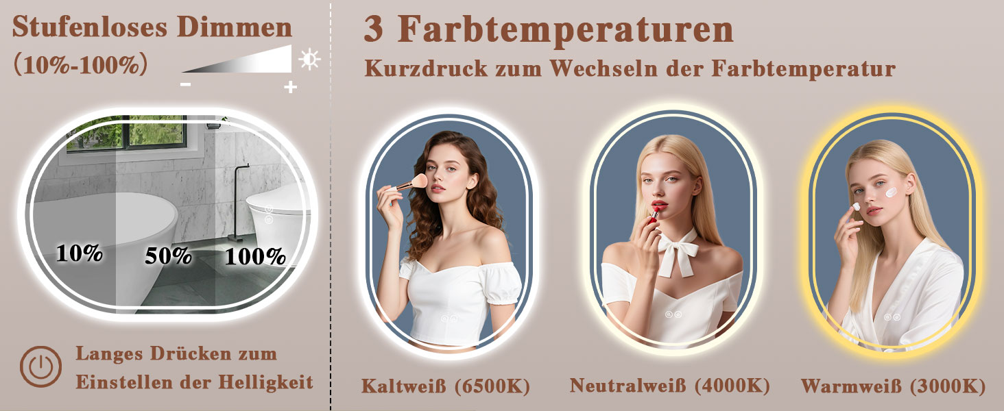 LED дзеркало для ванної кімнати Badspiegel з підсвічуванням, антизапар, сенсорне управління, регулювання яскравості, 3 кольори світла, овальне, 50x70 см