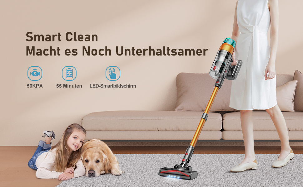 Бездротовий акумуляторний пилосос 55000 Па, 600 Вт, час роботи 55 хв, док-станція, акумуляторний пилосос A34 з дисплеєм, антизаплутувальною насадкою для килима, твердих поверхонь та шерсті тварин